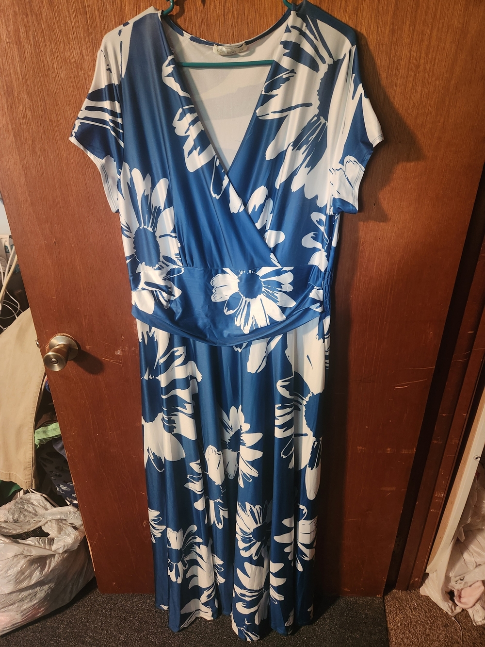 Blue and White Floral Faux-Wrap Maxi Dress